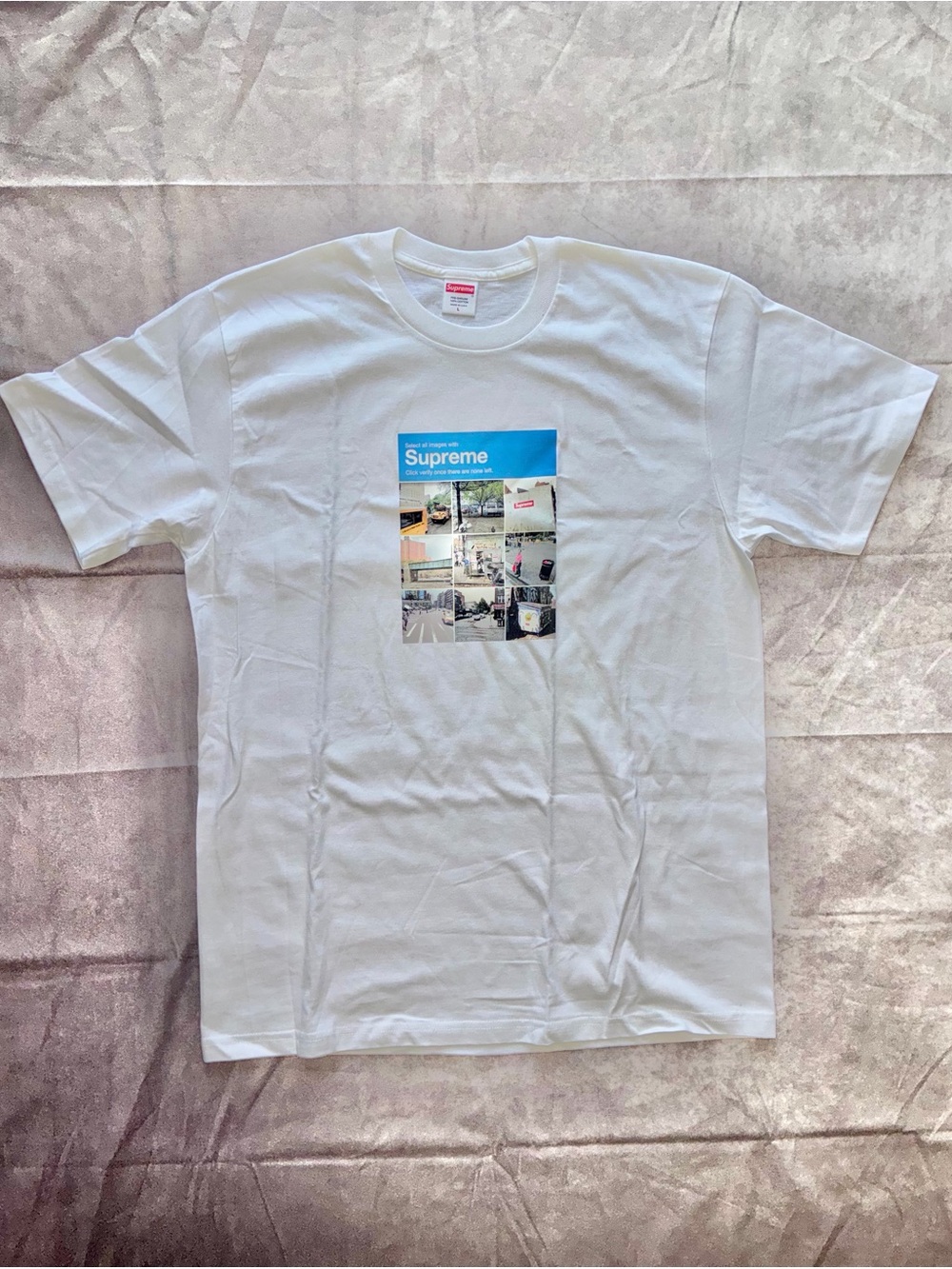 Supreme White Verify Graphic Tee with Blue Header